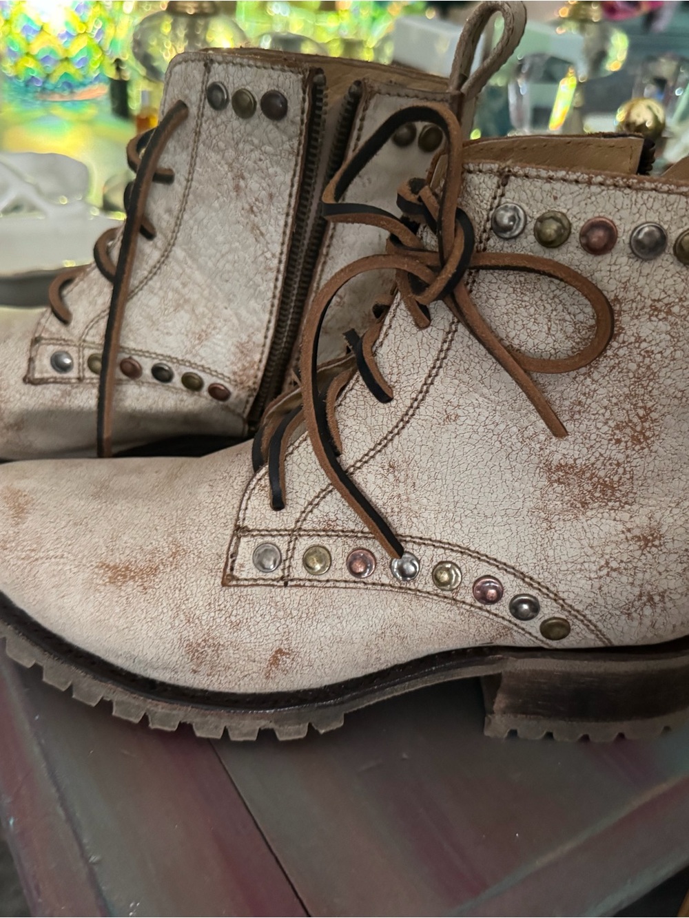 Old Gringo Cream Lace-Up Studded Leather Boots